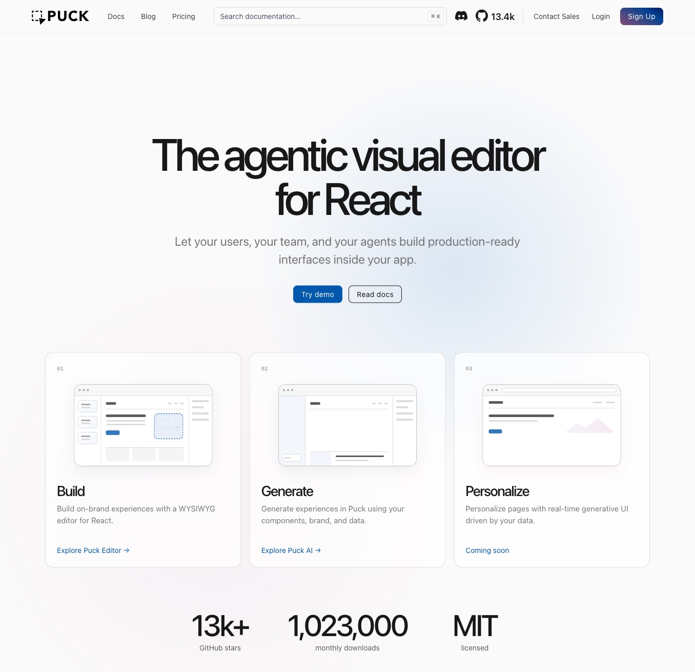 The Puck homepage - The agentic visual editor for React